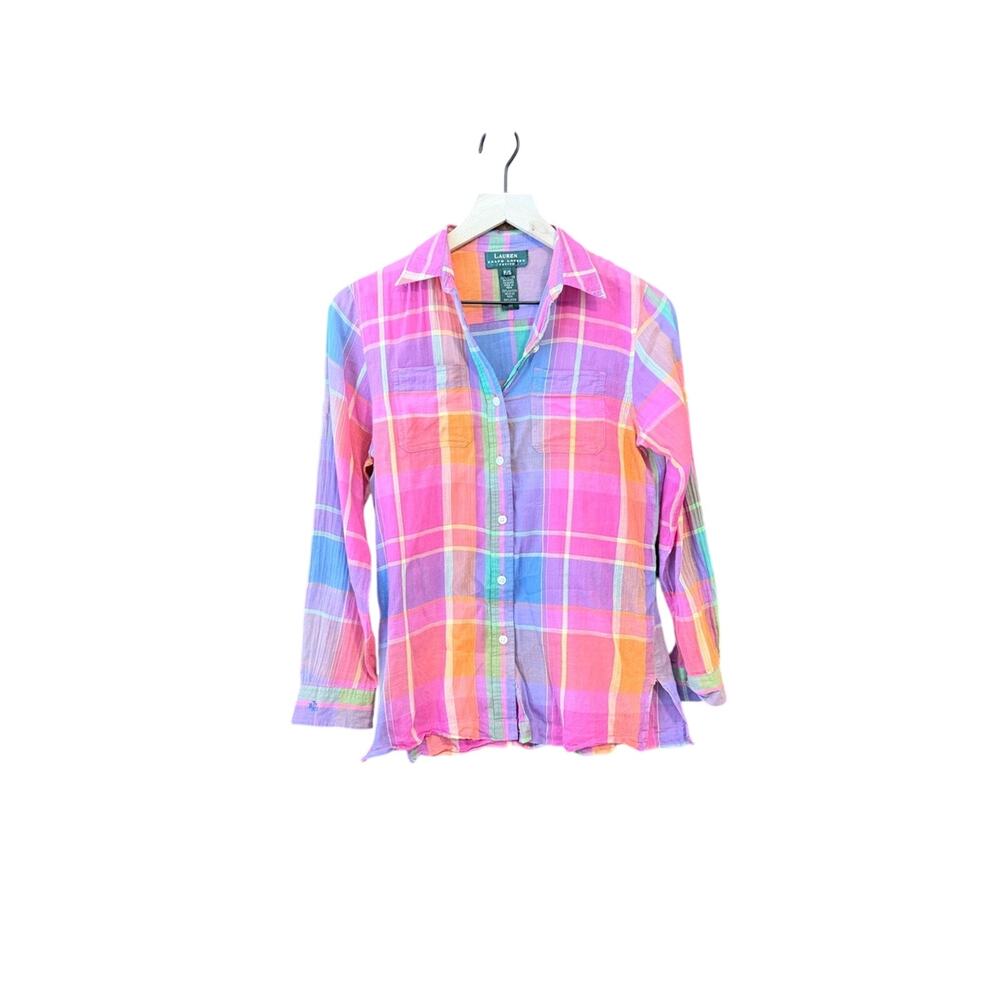 Ralph Lauren Vintage Pink Orange Purple Plaid Button-Up Blouse